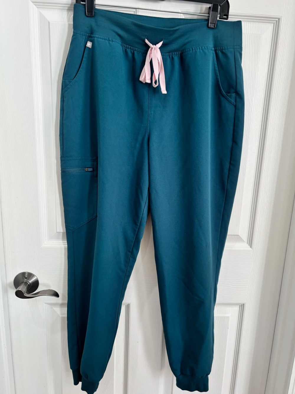 FIGS Women's Teal Jogger Pants Scrubs with Pink Drawstring